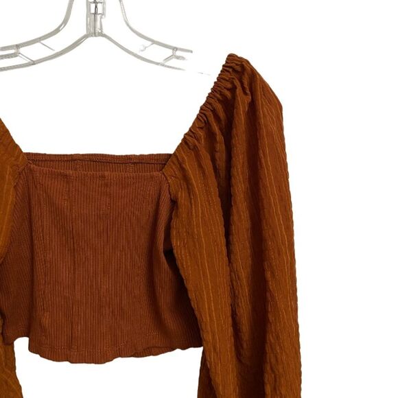 Urban Outfitters Claudia Cropped Top Blouse Size M Balloon Sleeves Rust Orange - Picture 12 of 15